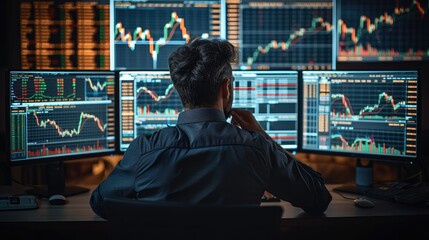 Poster - A man facing towards his computer screen and trading the stock market, with multiple displays in his front with all candlestick chart. Generative AI.