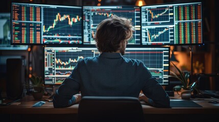Poster - A man facing towards his computer screen and trading the stock market, with multiple displays in his front with all candlestick chart. Generative AI.