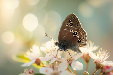 Wall Mural - Butterfly on a flower, macro. Background with selective focus and copy space