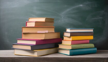 Wall Mural - education and reading concept group of colorful books on the wooden table in the classroom blackboard background