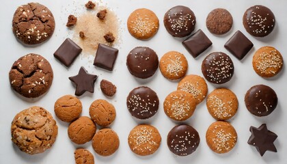 Poster - set of cookies on a white background top view oatmeal chocolate with sesame seeds cookies