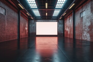 Wall Mural - Blank white screen on dark brick wall in empty hall with dark glossy concrete floor and fluorescent lamps on walls