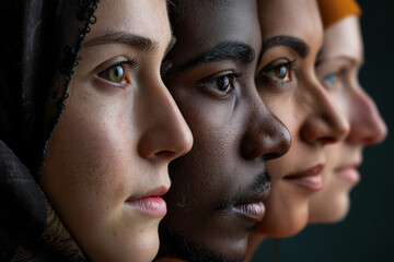 Portrait of different people. Background with selective focus and copy space