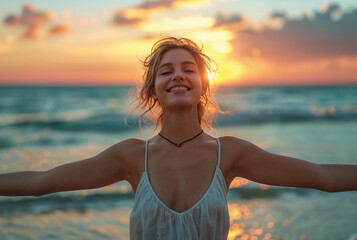 Canvas Print - A woman enjoys a beautiful moment in life. Background with selective focus and copy space