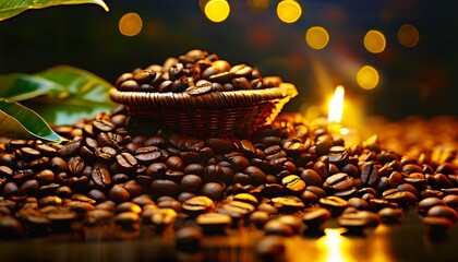 Wall Mural - brown roasted coffee beans closeup on dark background