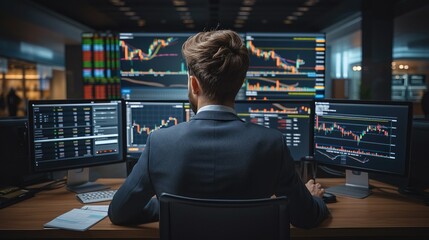 Poster - A young businessman trading about forex, Trading charts and candlestick patterns. Generative AI.