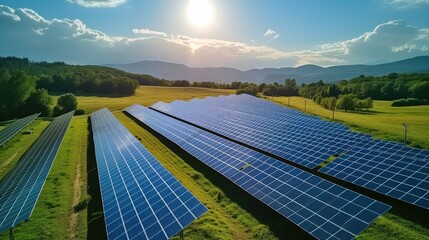 Aufkleber - A solar park in the beautiful countryside on a sunny day. Generative AI.