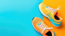 Pair Of Yellow And Blue Sports Shoes On A Color-blocked Background