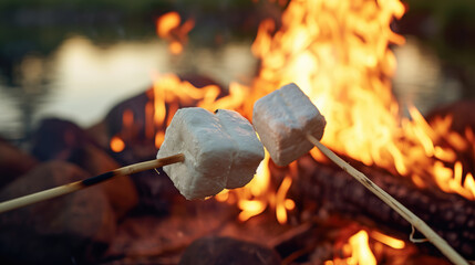 Wall Mural - Close up of Marshmallow on stick roasting over fire.