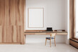 © ImageFlow - Light home office interior with table and computer, window. Mockup frame