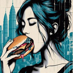 Wall Mural - Woman eating a hamburger,  digital art