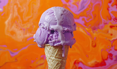 Wall Mural - lavender ice cream scoop dripping on cone with abstract orange background