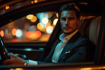 Businessman in formal suit and with serious, focused expression sits in luxury car interior in the evening, portrait of handsome, stylish, successful man