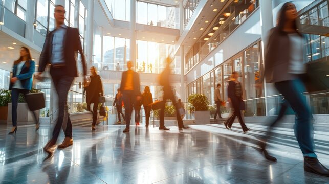 Commuters in motion in a sunny, modern atrium.