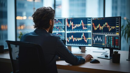 A man professional stock trader sitting at an office desk, using a desktop computer with trading charts on the screen. Generative AI.