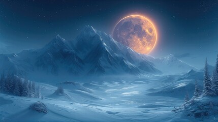 Wall Mural - Calming night mountains with big moon sky. Generative AI.