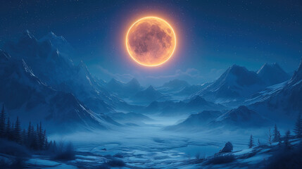 Wall Mural - calming night mountains with big moon sky. generative ai.
