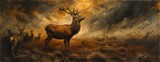 Fototapeta  - a red deer in an open field with other animals around him