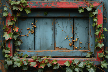 Canvas Print - Front view of a vintage window with cracked paint and climbing ivy on the sides, offering a nostalgic frame for text. Concept of timeless charm. Generative Ai.