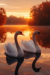 Autumn Serenade: Two Swans Glide Across a Lake, Illuminated by the Warm Glow of a Fall Sunset.