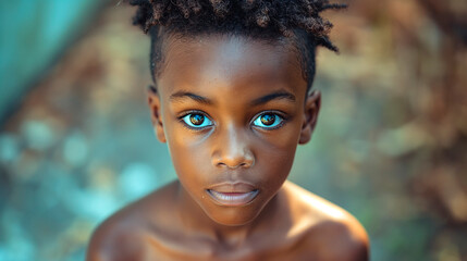 Retrato de niño negro joven, morena de ojos negros, primer plano, con fondo desenfocado