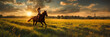 A girl riding on the back of a horse on top of a lush green field under a bright orange and yellow sky in the distance is the sun shining through the clouds.