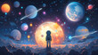 © Misau - cartoon style space art, kid astronaut and planets