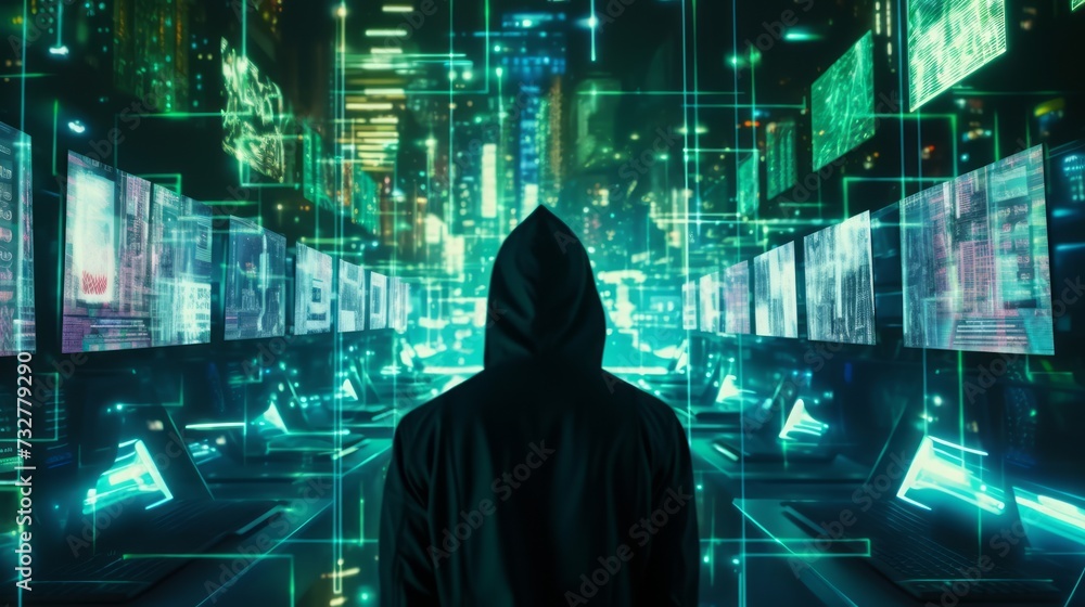 Hooded figure in a data center with multiple screens. Concept of ...