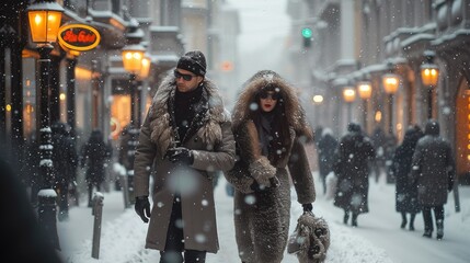 Poster - A wintry street where individuals showcase luxury through fur coats and accessories, reflecting the opulence and grandeur of Europe winter fashion. Generative AI.