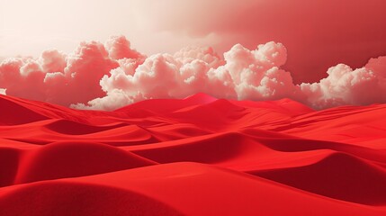 Wall Mural - In a surreal 3D rendering, a landscape painted in shades of red stretches out, with billowing clouds hovering above