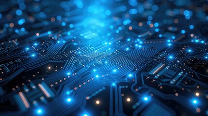 A futuristic blue background of technology with circuit lines. Generative AI.