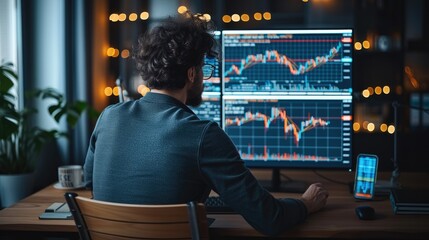 Wall Mural - A person sitting at his desk is looking at a bullish stock market chart on his screen. Financial risks concept. Trading. Generative AI.