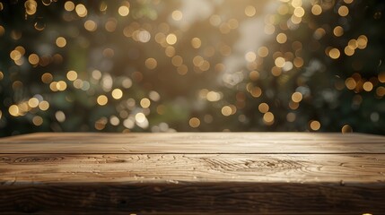 Poster - Empty wooden table in front of abstract blurred festive background with light spots and bokeh for product montage display of product.