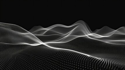 Wall Mural - Abstract wave of digital woven lines connecting network dots against a dark background. This modern 3D mesh pattern design depicts futuristic computer science technology concepts