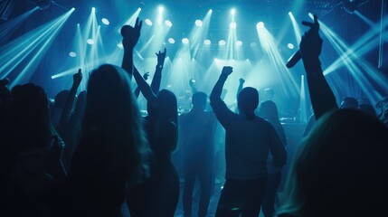 Happy people dance in nightclub light party concert bar and listen to the night music from DJ on the stage in the background