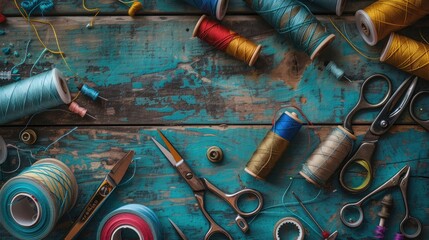 Vintage Background with sewing tools and colored tape/Sewing kit. Scissors, bobbins with thread and needles on the old wooden background