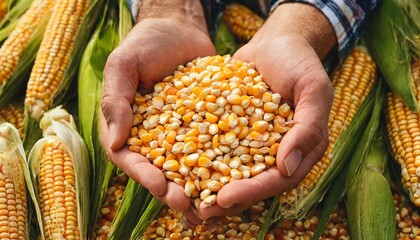 Wall Mural - human caucasian hands with maize corns over corn background