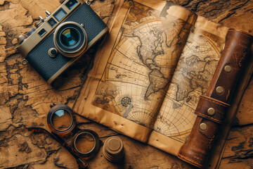 Canvas Print - A traveler's flat lay with a passport, map, sunglasses, and a vintage camera. Concept of travel preparation and wanderlust. Generative Ai.