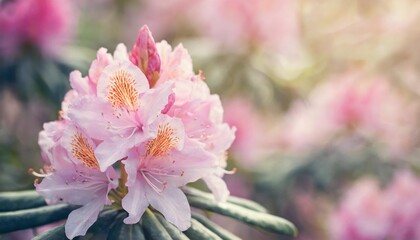 Wall Mural - beautiful pink rhododendron blossom background shallow depth soft focus faded colors toned pastel image greeting card template