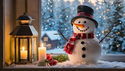 Wall Mural - snowman in the candle lit room looking outside through the widow