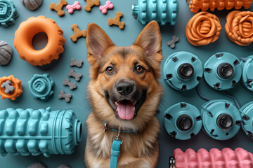 Wall Mural - A pet care flat lay with a leash, treats, and toys for a beloved animal. Concept of pet care and companionship. Generative Ai.