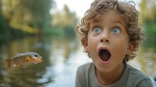A Child's Amazement At Catching Their First Fish, A Mix Of Pride And Awe In Their Eyes