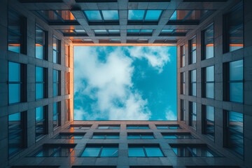 Wall Mural - An architectural photo focusing on the sky framed by the structure, emphasizing the building’s design. Concept of architectural beauty and spaciousness. Generative Ai.