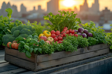 Wall Mural - A sun-kissed rooftop garden thriving with a variety of lush plants and vegetables, showcasing the beauty of urban agriculture. Concept of sustainable city living. Generative Ai.