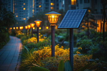Wall Mural - An urban landscape transformed by the installation of energy-efficient streetlights powered by solar panels, showcasing the integration of renewable energy in city infrastructure. Generative Ai.