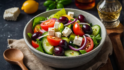 Wall Mural - classic  Greek salad in a plate in the kitchen