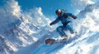 Amidst the majestic snow-covered mountain, a daring individual glides down on their snowboard, deftly navigating the slopes with their trusty sports equipment