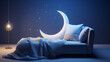 © Ирина Батюк - Sleep day, asleep and health problems, insomnia, soft bed time night lazy pillow comfort room, relax melatonin, woman man girl boy, moon star, banner copy space greeting card background.
