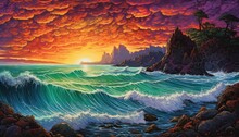 Coastal Scene With Rocky Cliffs And Crashing Waves Against A Colorful Sky.