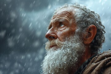 Poignant portrait biblical figure Noah stands hopeful anticipation, eyes fixed on horizon. Patiently waiting improved weather, he yearns for return of dove, embodying Christian faith and resilience